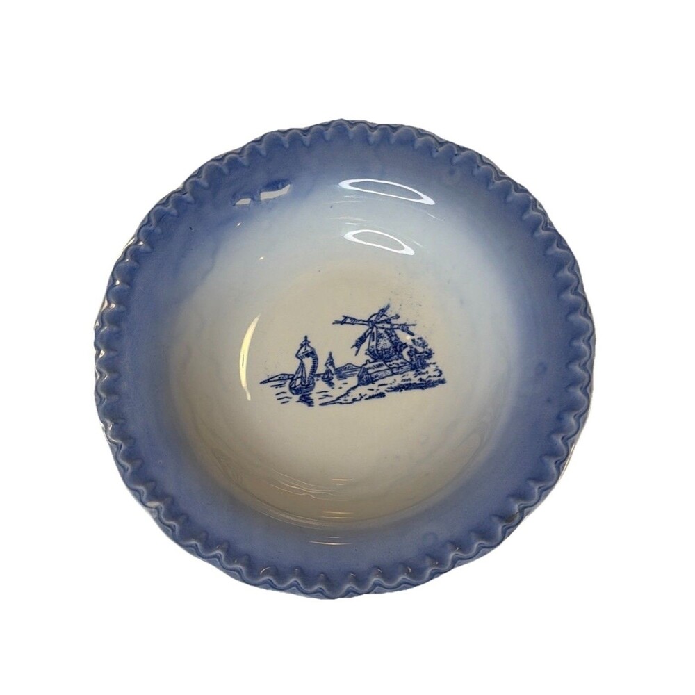 Blue Majolica Bowl Vintage Ceramic Scalloped Edge Blue  Dutch Landscape Sailboat